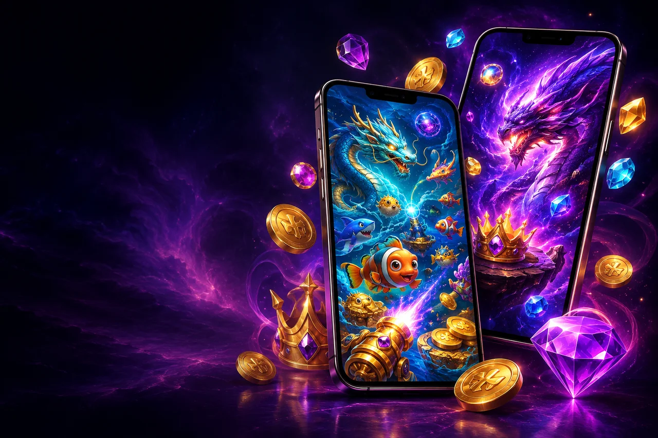Fantasy fish and dragon games on two glowing phones